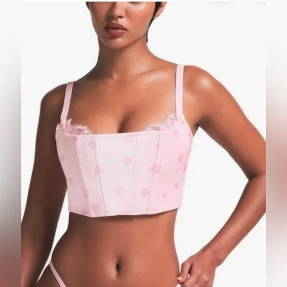 Skims Cherry Blossom Heart Breaker Velvet Lace Corset, pink, size small, NWT